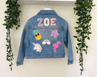 Girls Patch Denim Jean Jacket with 5 Patches Personalised Jacket, Kids Custom Denim Jacket