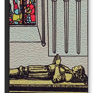 May include: The Four of Swords tarot card depicts a person lying down on a bed with three swords above them. The card is set against a background of a stained glass window and a gray wall. The number "IV" is displayed in the top right corner of the card.