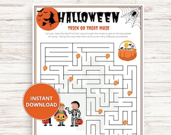 May include: A printable Halloween trick or treat maze activity featuring a witch flying on a broomstick, a spider web, and two children dressed as a pumpkin and a skeleton. The children are trying to find their way through the maze to a basket of candy. The maze includes several lollipops along the way.