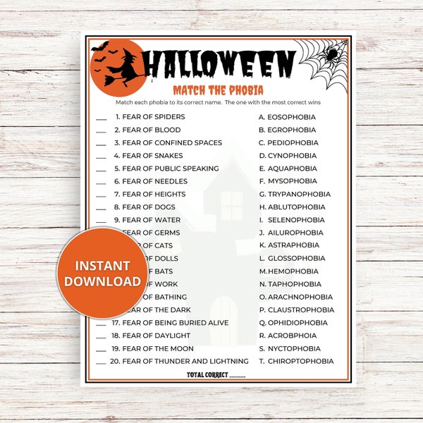 Halloween Match the Phobia Game for Kids & Adults • Fun Halloween Game • Printable Halloween Activity • Trivia Game • Halloween Party Game