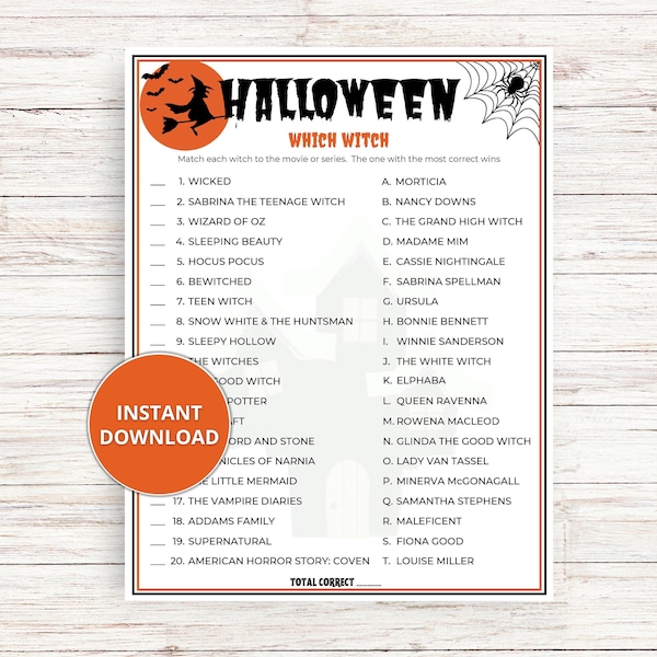 Halloween Which Witch Trivia Game for Kids & Adults • Fun Halloween Game • Printable Halloween Activity • Trivia Game • Halloween Party Game