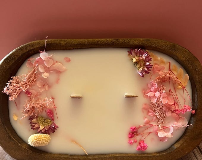 Featured listing image: Wood dough bowl Candle With Dried Flower and/or Berries