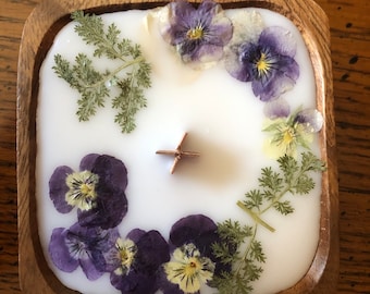 Small Wood Bowl Candle W/Dried Flowers