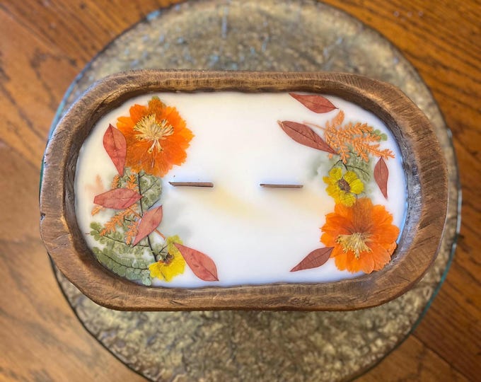 Featured listing image: Wood dough bowl Candle With Dried Flower and/or Berries
