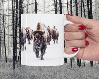 Buffalo Mug, Bison Coffee Mug, Cowboy Coffee Mug, Western Coffee Mug, Cowgirl, Country Mug, Ceramic Mug, 11oz, White