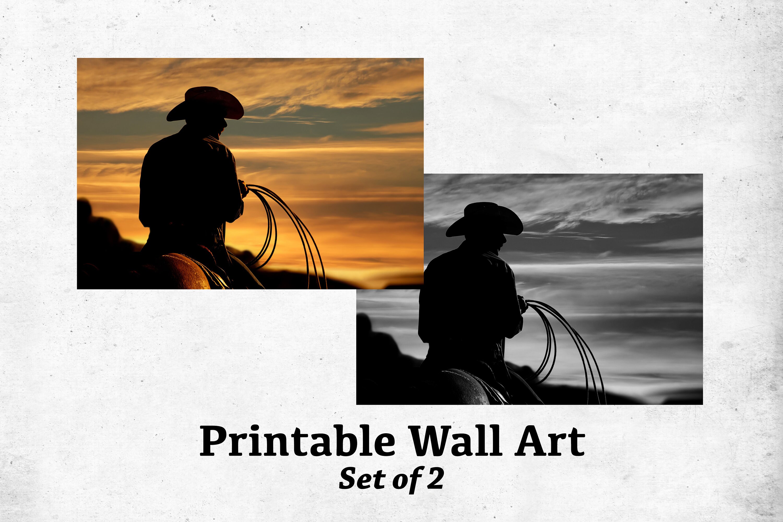 Western Set of 2 Pieces, Silhouetted Roper, Print Your Own, Digital Wall Art, Cowboy, Western, Team Roper, Printable Set Of 2