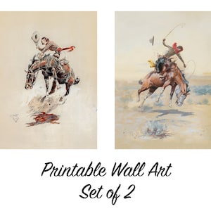 Western Set of 2 Pieces, Charles Russell, Print Your Own, Digital Wall Art, Bucking Horse and Cowgirl, The Bucker, Printable Set Of 2