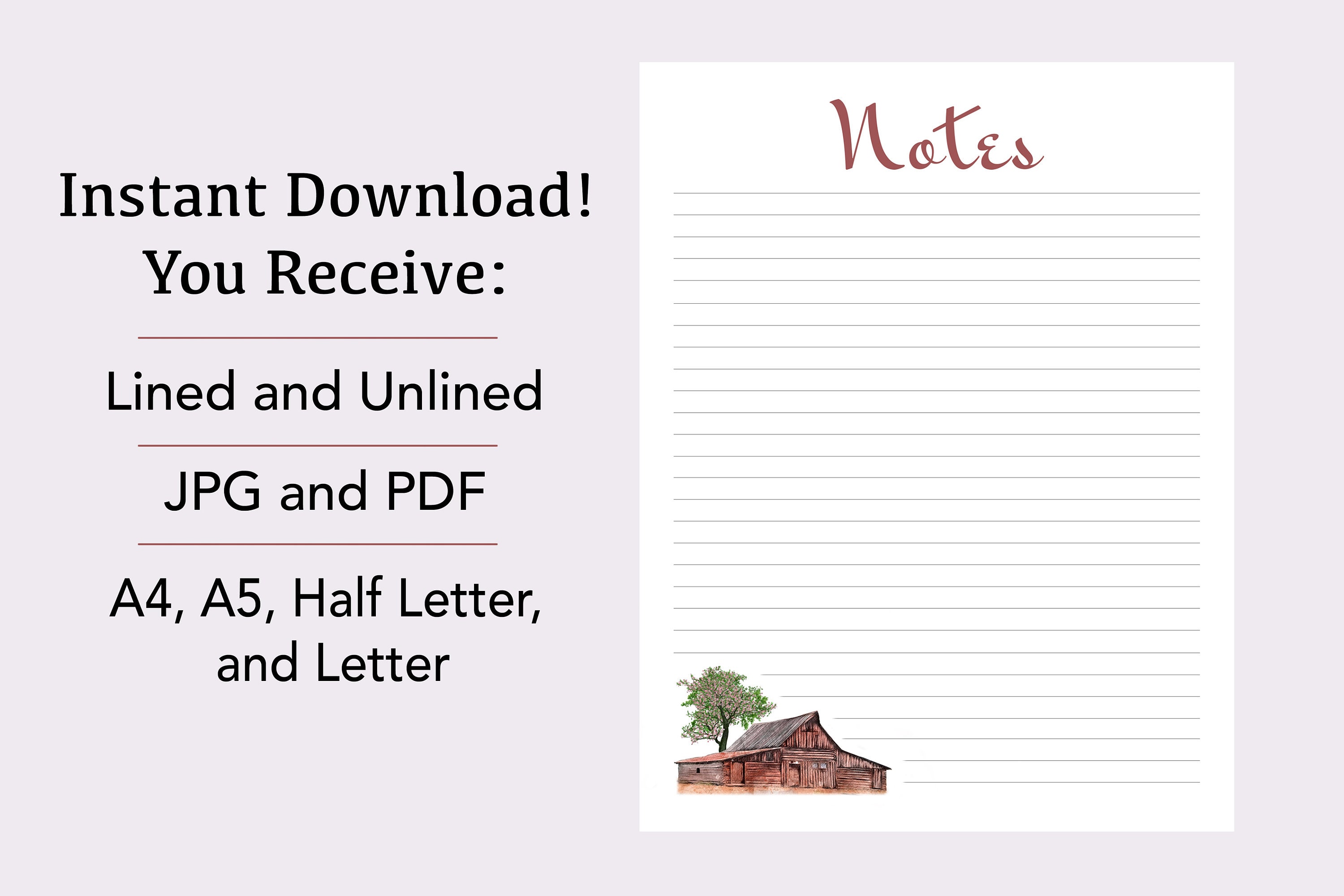 Printable Notes Page, Country Barn 1, Lined Note Paper, Unlined Note ...