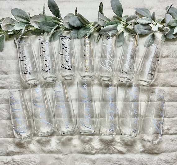 Personalized Stemless Glass Champagne Flute: Bridal Party Gift