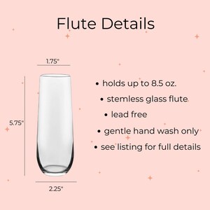 Op de afbeelding: Een heldere glazen fluit met een steelloos ontwerp. Het heeft een inhoud van 8,5 ounce en is loodvrij. De fluit is 14,6 cm hoog, 4,4 cm breed aan de bovenkant en 5,7 cm breed aan de onderkant. Alleen met de hand wassen.