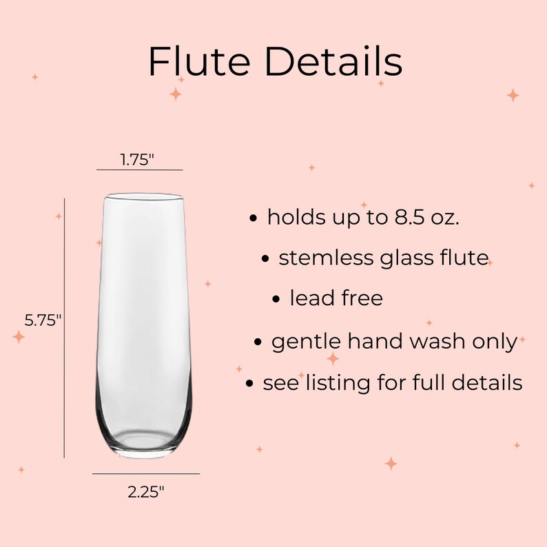 Op de afbeelding: Een heldere glazen fluit met een steelloos ontwerp. Het heeft een inhoud van 8,5 ounce en is loodvrij. De fluit is 14,6 cm hoog, 4,4 cm breed aan de bovenkant en 5,7 cm breed aan de onderkant. Alleen met de hand wassen.