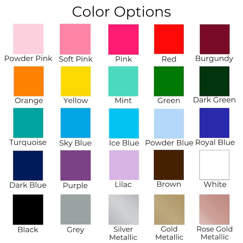 Op de afbeelding: Een kleurenoptieschema met 20 verschillende kleurstalen. De kleuren omvatten poederroze, zacht roze, roze, rood, bordeauxrood, oranje, geel, mint, groen, donkergroen, turquoise, hemelsblauw, ijsblauw, poederblauw, koninklijkblauw, donkerblauw, paars, lila, bruin, wit, zwart, grijs, zilver metallic, goud metallic en ros&eacute;goud metallic.