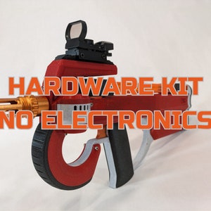 May include: A red and gold hardware kit (no electronics) with a black sight and a curved handle. The text "HARDWARE KIT (NO ELECTRONICS)" is displayed in orange. The kit has a futuristic design.