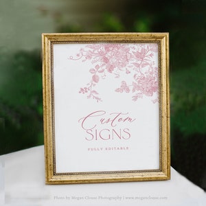 Plantilla de letrero personalizado editable, letrero personalizado en rosa empolvado, letrero floral vintage, letrero de boda, letrero de ducha, tarjetas y obsequios, editable, PDA001