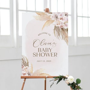 Boho Pampas Grass Welcome Baby Banner - Baby Shower Decorations For Girls, Pre-Assembled Party Banner