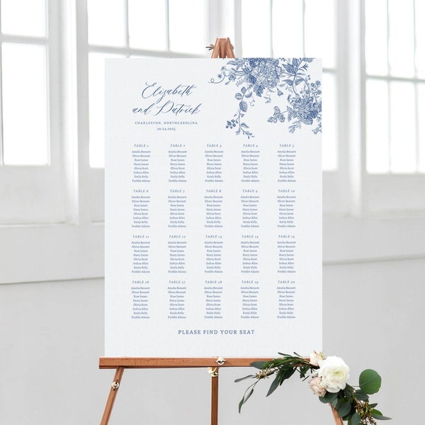 Dusty Blue Seating Chart, Vintage Floral Seating Chart Poster, Wedding Seating Plan Template, Wedding Seating Chart, Editable in Canva