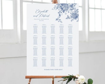 Dusty Blue Seating Chart, Vintage Floral Seating Chart Poster, Wedding Seating Plan Template, Wedding Seating Chart, Editable in Canva