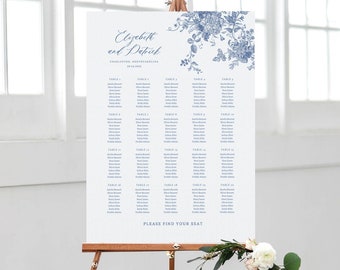 Plano de asientos para boda con flores vintage: Plantilla editable en azul polvoriento