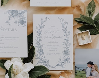 Dusty Blue Wedding Invitation Suite, Vintage Floral Invitation Template, Printable Invitation Suite, French Roses Botanical Wedding Invite