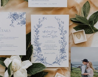 Stoffige blauwe bruiloft uitnodiging Suite, Vintage bloemen uitnodiging sjabloon, afdrukbare uitnodiging Suite, Franse rozen botanische bruiloft uitnodigen