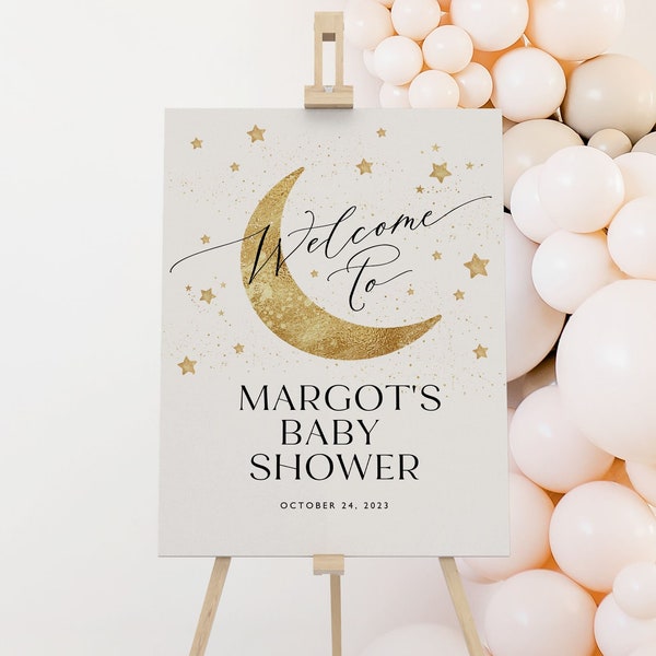 Moon and Stars Baby Shower Welcome Sign, Little Stars Welcome Sign, Gold Moon Baby Shower, Printable Template, Instant Download, Editable