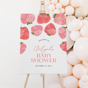 Strawberries Baby Shower Welcome Sign, Berry Sweet Baby Shower Sign, Pink Shower Welcome Sign, Srawberry Shower Signage, Editable image 1