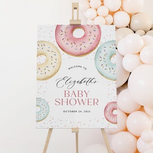 Donuts Baby Shower Welcome Sign, Donuts and Diapers Welcome Sign, Pink Donuts Shower Welcome, Donut Sprinkle Signage, Editable, PDA-MXKP