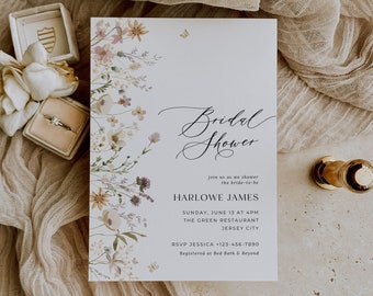 Bridal Shower Invitation Template, Wildflower Bridal Shower Invite, Spring Florals Shower Download, Bridal Brunch, Edit in Canva, 002