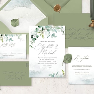Greenery Wedding Invitation Template Set, Wedding Invitation Set, Garden Wedding Invitation Suite, Minimal Wedding I Editable in Canva image 2