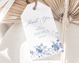 Vintage Floral Thank You Tag, Dusty Blue Favor Tag Template, Wedding Favor Tag, Bridal Shower Floral Tag, Instant download, Edit in Canva