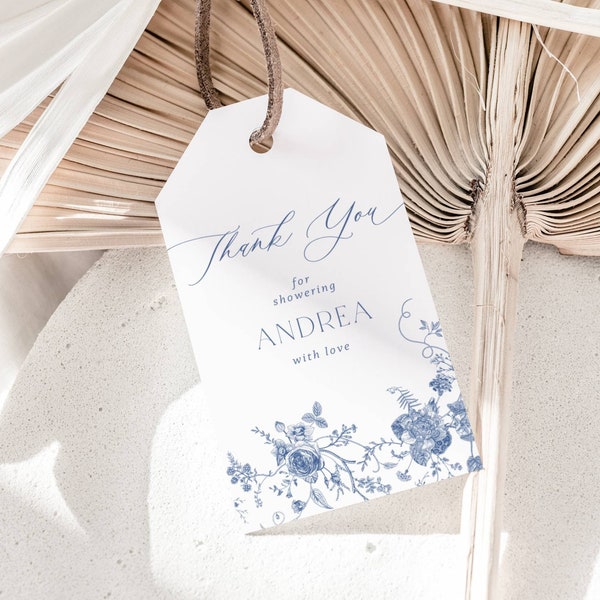 Vintage Floral Thank You Tag, Dusty Blue Favor Tag Template, Wedding Favor Tag, Bridal Shower Floral Tag, Instant download, Edit in Canva
