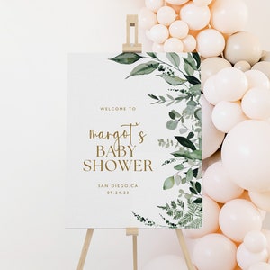 Greenery Baby Shower Welcome Sign: Gold Accent, Editable Canva Template