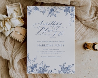 Something Blue Before I do,  Bridal Shower Invitation Template, Dusty Blue Bridal Invitation, Vintage Floral Invitation, Editable, PDA002