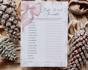 Pink Bow Baby Shower Word Scramble Game: Winter Baby Scramble, Printable Baby Shower Game Activity (Editable Canva Template)