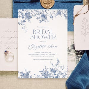 Vintage Floral Bridal Shower Invitation Template: Dusty Blue Chinoiserie Toile (Editable in Canva)