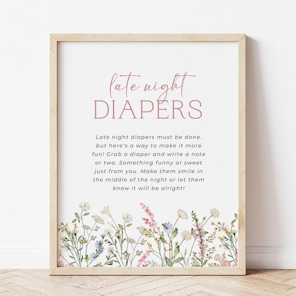 Wildflower Late Night Diaper Sign, Pink Diaper Thoughts Signs, Floral Baby Shower Sign, Printable Late Night Diapers Game, Editable, 003