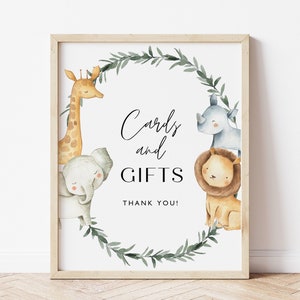Karten und Geschenke Zeichen, Safari Baby Shower Zeichen, Dschungeltiere Karten und Geschenke Zeichen, Safari Baby Shower Signage, Party Zeichen, editierbar, PD-UKM