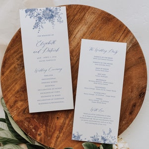 Dusty Blue Wedding Program Template, Vintage Floral Program Wedding, Printable Program Template, 4x9 program, Vintage Blue, Editable Canva image 1