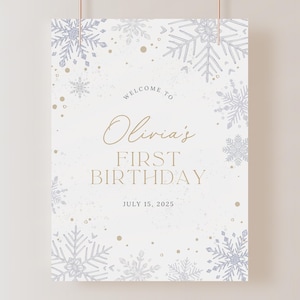 Winter Onederland Birthday Welcome Sign: Snowflake Decor (Editable in Canva)