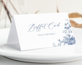 Dusty Blue Floral Food Labels: Chinoiserie Buffet Tent Card (Editable Template)