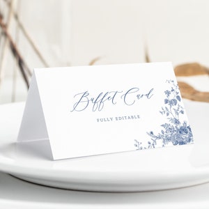 Plantilla de etiquetas de alimentos en azul polvoriento, tarjeta de buffet con motivos florales vintage, tarjeta de comida estilo chinoiserie, tarjeta de tienda de buffet, decoración de ducha, editable, PDA002