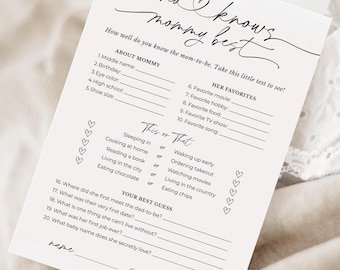 Who Knows Mommy Best Baby Shower Game: Editable Template (5x7 inches)