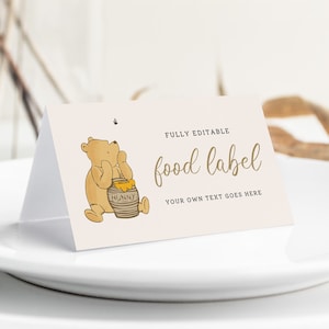 Modèle d'étiquettes de nourriture Winnie l'ourson, carte buffet classique ourson, carte nourriture miel d'ours, carte buffet beige, baby shower pour la mariée, modifiable,