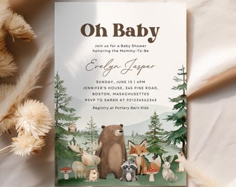 May include: A baby shower invitation with the text "Oh Baby" and "Evelyn Jasper". The invitation features watercolor illustrations of woodland animals, including a bear, fox, raccoon, and rabbit, set against a forest backdrop.