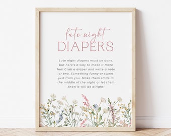 Wildflower Late Night Diaper Sign, Pink Diaper Thoughts Signs, Floral Baby Shower Sign, Printable Late Night Diapers Game, Editable, 003