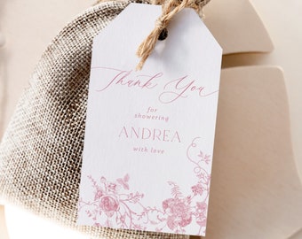 Vintage Floral Thank You Tag, Dusty Pink Favor Tag Template, Wedding Favor Tag, Bridal Shower Floral Tag, Instant download, Edit in Canva