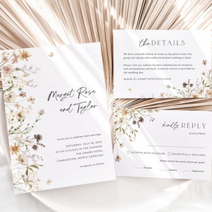 Wildflower Wedding Invitation Suite, Floral Wedding Suite Template, Spring Wedding Invite, Whimsical Wedding Invitation, Editable in Canva image 1