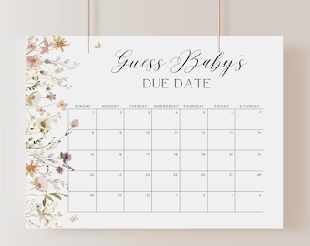 Wildflower Baby Due Date Calendar Sign, Guess the Birthday Baby Shower Game, Guess the Due Date, Editable Template, Instant Download, 002