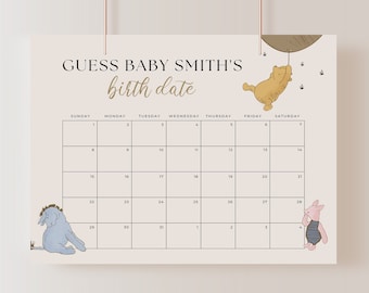 Guess Baby Due Date Calendar Sign, Pooh Guess Birthday Baby Shower Game, Winnie the Pooh Baby Birthday Game Template, Editable in Canva