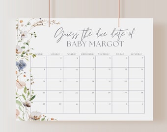 Wildflower Baby Shower Game: Guess Due Date Calendar (Editable Template)